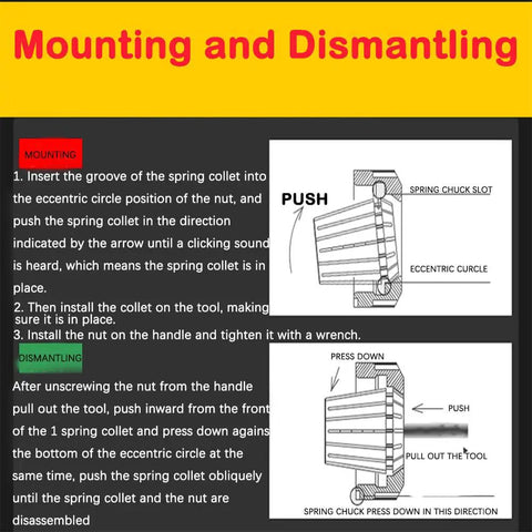 Illustration of ER16 spring collet chuck mounting and dismantling instructions with diagrams and directional arrows.