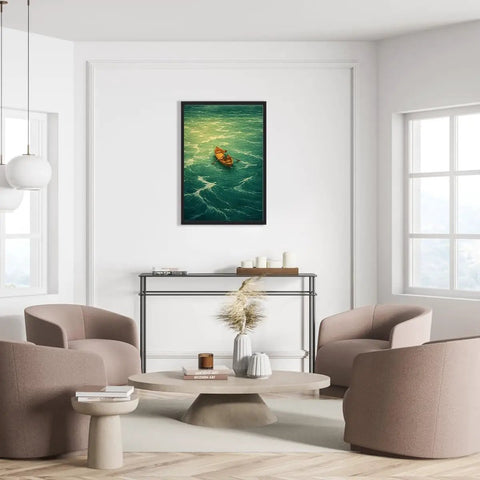 Framed Man Rowing Boat In Ocean Canvas Print Poster Art For Living Room And Apartment Decor Dope Contemporary Wall Decor With Black Frame 16 By 24 Inches Vibrant Modern Home Vibe