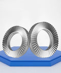 Top Tier Double Layer Self Locking Washers Made From 304 Stainless Steel, showcasing two locking washers on a blue base.