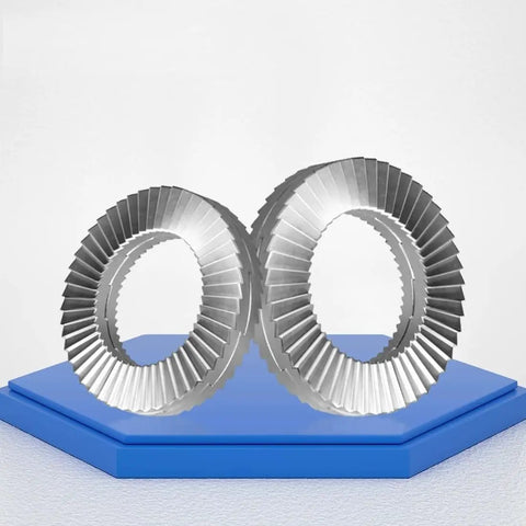 Top Tier Double Layer Self Locking Washers Made From 304 Stainless Steel, showcasing two locking washers on a blue base.