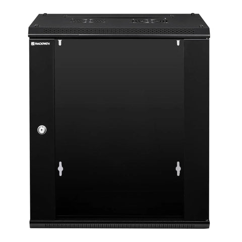 Rock Solid 12U Wall Mount Network Rack Cabinet Featuring Locking Tempered Glass Door Quiet Cooling Fan And Hassle Free Rail System For 19 Inch Server And AV Gear
