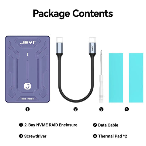 Blazing Fast Dual Bay Nvme M.2 Ssd Enclosure With Usb 3.2 Gen2x2 And 20Gbps package contents including enclosure, data cable, screwdriver, thermal pads.