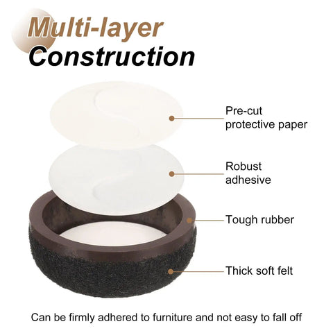 Four Pack Round Felt Furniture Sliders Smooth Floor Glides For Table And Chair Leg Protectors Heavy Duty Black Glide Pads with multi-layer construction.