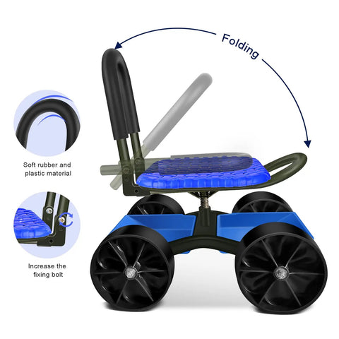 Garden Cart Rolling Stool With Four Wheels And Tool Bag Adjustable Seat Height And Direction Sturdy Yard Work Ready 300 Lb Capacity Rust Resistant Metal Includes Handy Tray Blue