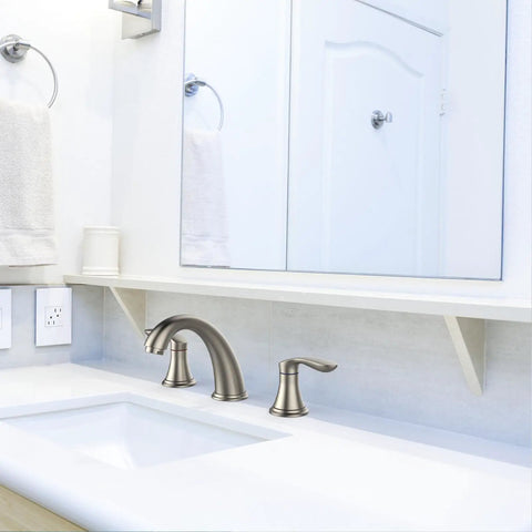 Modern bathroom with Brushed Nickel Bathroom Sink Faucet Set, Widespread 3-Hole Deck Mount With Stainless Pop-Up Drain