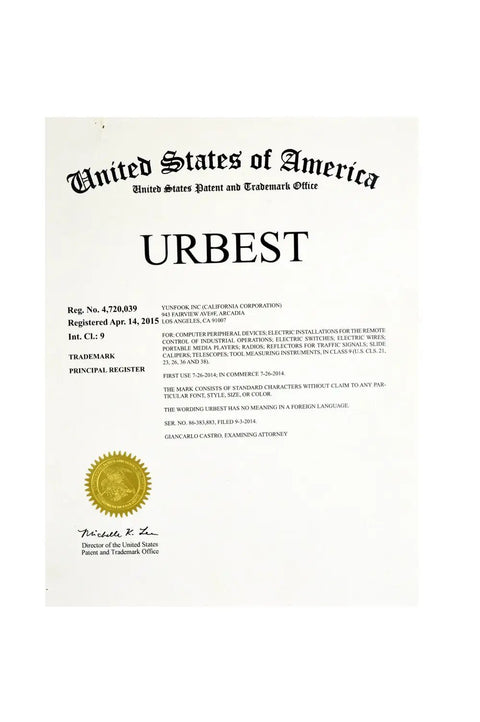 Trademark registration certificate from United States Patent and Trademark Office for "URBEST" with official seal.