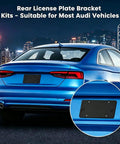 Rear License Plate Bracket Holder For Audi 2002 To 2024 A3 A4 A5 A6 A8 S3 S4 S5 S6 RS RS3 RS4 RS5 RS6 S8 Q3 Q5 Q7 Q8 SQ5 No Drill Mounting Kit on blue sedan