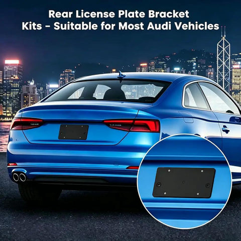 Rear License Plate Bracket Holder For Audi 2002 To 2024 A3 A4 A5 A6 A8 S3 S4 S5 S6 RS RS3 RS4 RS5 RS6 S8 Q3 Q5 Q7 Q8 SQ5 No Drill Mounting Kit on blue sedan