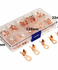 Heavy Duty 70 Piece OT Terminal Connector Kit With Open Lug Splice Wire, Copper O Shape Circular Naked Cable Crimp Terminals For 10 To 50 Amp Applications In Solid Gold Finish Perfect For DIY Car And Home Wiring Projects That Need Reliable Electrical. clear plastic organizer box with copper OT terminal connectors, 130mm x 66mm x 22mm