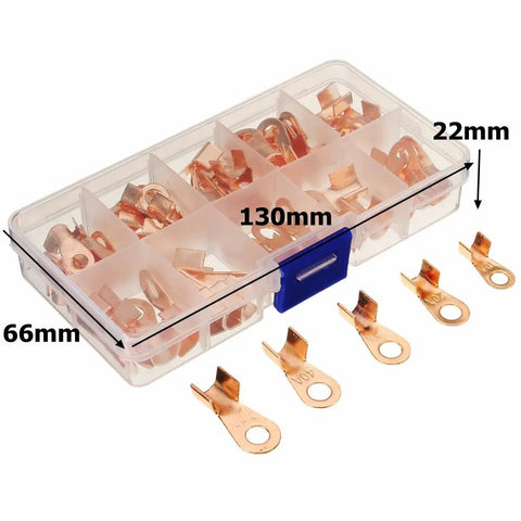 Heavy Duty 70 Piece OT Terminal Connector Kit With Open Lug Splice Wire, Copper O Shape Circular Naked Cable Crimp Terminals For 10 To 50 Amp Applications In Solid Gold Finish Perfect For DIY Car And Home Wiring Projects That Need Reliable Electrical. clear plastic organizer box with copper OT terminal connectors, 130mm x 66mm x 22mm