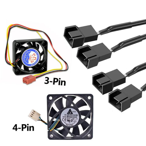 36W 12V PC Fan Power Supply With PWM Speed Controller And Four Way Splitter Cable showing 3-pin and 4-pin connectors