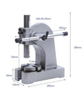 Heavy Duty Cast Iron Manual Desktop Arbor Press Straight Up Precision Workhorse shown with measurements for easy reference.