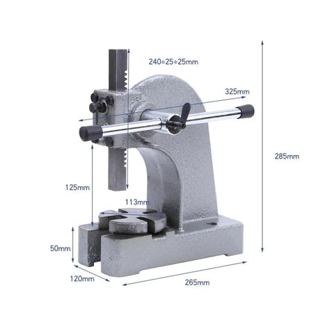Heavy Duty Cast Iron Manual Desktop Arbor Press Straight Up Precision Workhorse shown with measurements for easy reference.