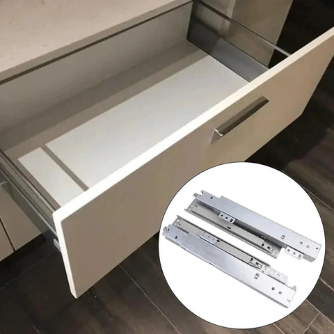 Open drawer showing floor mounting drawer slides for cabinets and cupboards, underfloor guides and rails, smooth glide hardware, 500mm length