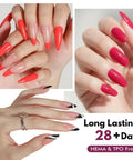 All In One Gel Nail Polish Kit With 68 Bright Colors And 4 Essential Gels Base Coat Builder Gel Top Coat Plus High Shine Finish 72 Pieces Of 12ml For All Seasons Home DIY Nail Salon showing red, nude, and black-tipped manicures