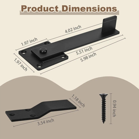 Diagram showing dimensions of a 6 Inch Barn Door Flip Latch for Fence Gate Hardware and Shed Doors, matte black finish.