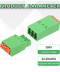 Two green Four Piece 3.5mm Pitch Spring PCB Terminal Block Connectors 3 Pin Pluggable for 22-20 AWG wiring, 300V insulation voltage.