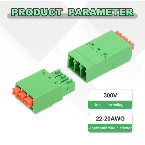 Two green Four Piece 3.5mm Pitch Spring PCB Terminal Block Connectors 3 Pin Pluggable for 22-20 AWG wiring, 300V insulation voltage.