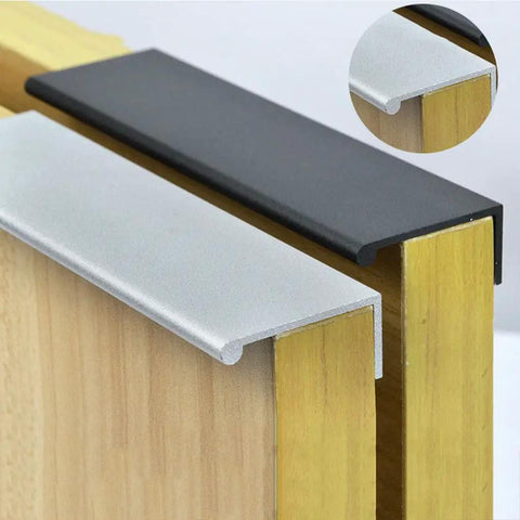 Edge Finger Pulls 2 Pack Hidden Cabinet Handles in aluminum alloy finish, installed on wooden cabinets for sleek modern access.