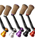 Premium Single Rocker Fishing Reel Handle With Rubber Cork Knob Carbon Fiber Core 70Mm Screw In Arm Length shown in multiple colors.