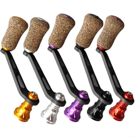 Premium Single Rocker Fishing Reel Handle With Rubber Cork Knob Carbon Fiber Core 70Mm Screw In Arm Length shown in multiple colors.