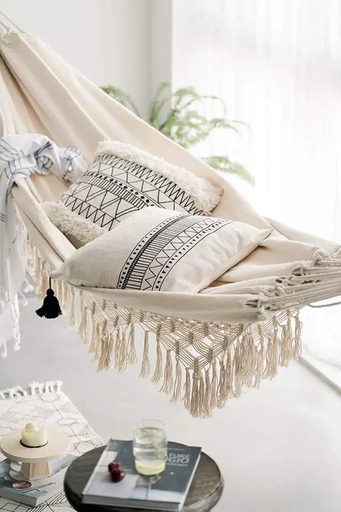 Handmade Boho Macrame Fringe Double Hammock Swing Net Chair For Two People Ultra Cozy Outdoor Indoor Patio Beach Yard Decor 95 Inches By 59 Inches Heavy Cotton Blend For Extra Comfort And Durability