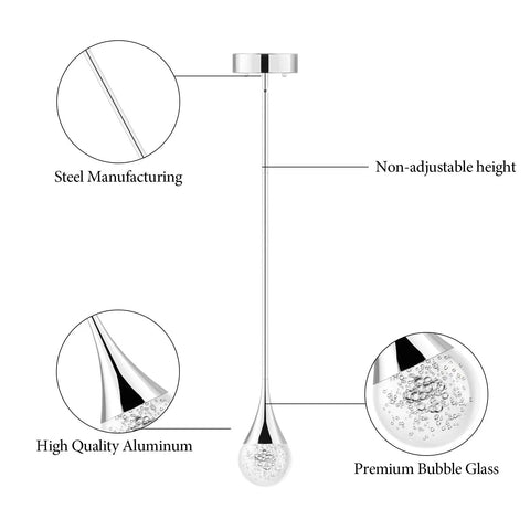 Sleek Bubble Crystal Glass Chrome Pendant Light For Kitchen Island And Dining Room with premium bubble glass and steel components.