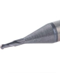 Close-up of carbide ball-nose end mill with TiAlN coating, 1/32 in diameter, 1/8 in shank, up-cut spiral.