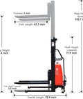 Heavy Duty 3300 Lbs Semi-Electric Pallet Stacker With 98 Inch Mast Lift Height adjustable forks and dimensions for easy handling.