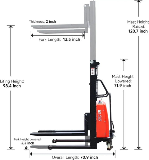Heavy Duty 3300 Lbs Semi-Electric Pallet Stacker With 98 Inch Mast Lift Height adjustable forks and dimensions for easy handling.