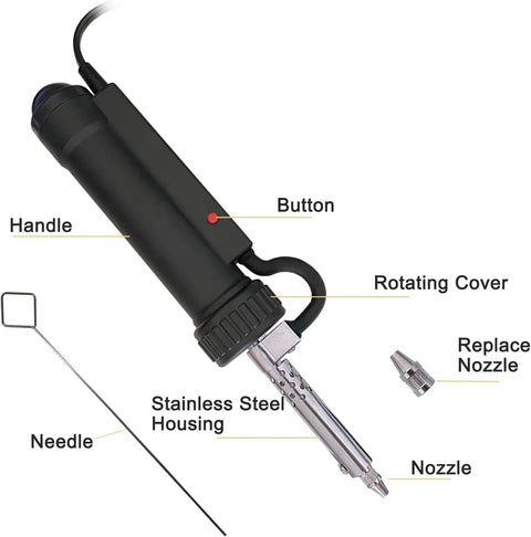 Automatic Desoldering Pump With Pro Grade Power, Solder Sucker Vacuum, Portable 30W tool with labeled components visible