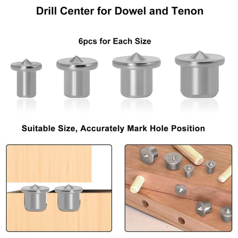 24 Piece Dowel Center Pins for Woodworking Kit, Stainless Steel Drill Center for Dowel and Tenon Alignment, Transfer Plugs displayed in sizes
