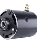 12V hydraulic pump motor with CCW slotted shaft and mounting flange, black cylindrical housing