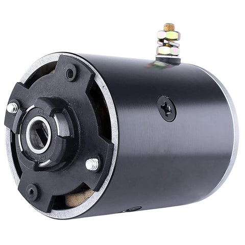 12V hydraulic pump motor with CCW slotted shaft and mounting flange, black cylindrical housing