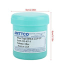 Insulation Solder Flux Paste RMA 223 For Electronics Repair, turquoise jar, 100g, labeled for quick dry, prevents shorts