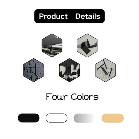 Hexagonal product details showing four colors and components of Rustic Winter Tree Grove Metal Wall Hooks, Minimalist Branch Design.