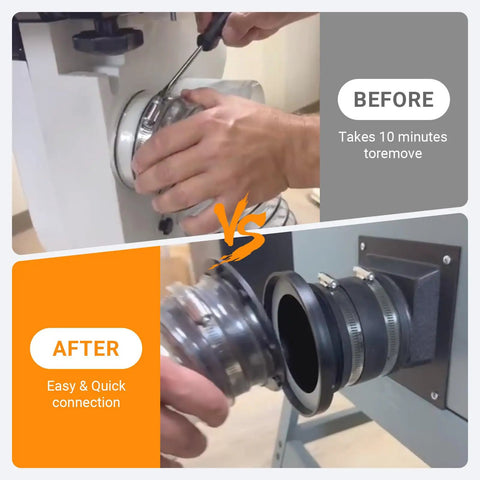 Comparison of magnetic dust fittings kit before and after installation, showing easy connection with 4 Inch Magnetic Dust Collection Fittings Kit.