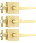 Three Pack Gold Door Levers Set Heavy Duty Keyless Privacy Lock Reversible Square Door Knobs in satin brass finish
