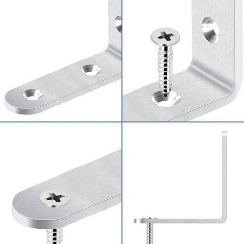 Close-up of Heavy Duty 20 Pack 2.5 By 2.5 Inch Stainless Steel Corner Braces L Shaped Brackets With Wood Screws for tables and shelves.
