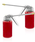 Grease Monkey Approved Manual Pump Oil Can And Oiler Gun Two Pack With Dripless Long Spout For Car And Motorcycle Maintenance Solid Steel Construction 200ml close-up view of red oil cans with dripless spouts.