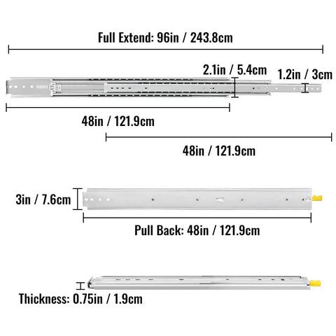 Heavy Duty 48 Inch Drawer Slides, Locking, 500 Lb Load, Side Mount Ball Bearing Glides, Full Extension, 1 Pair, Cold Rolled Steel, Anti Rust And Wear Resistant Construction dimensions shown