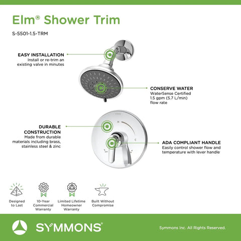 Elm Single Handle 5 Spray Shower Trim With Secondary Volume Control No Fuss Polished Chrome 1.5 GPM ADA Brass Lever
