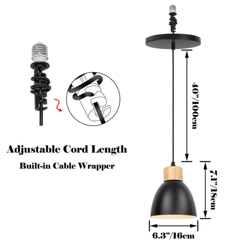 Kiven Instant Light Conversion Kit for 4/5/6inch Hole, metal pendant with adjustable 40-inch cord, black and wood finish, 6.3" diameter.