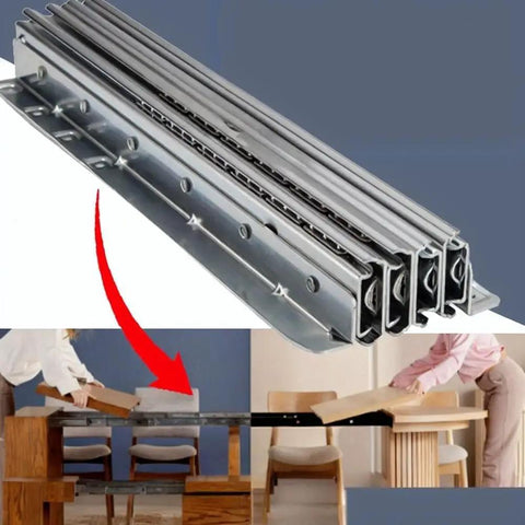 Two Pack Hidden Telescopic Table Extension Slides Heavy Duty Slick Glide Furniture Hardware shown with installation on dining table.