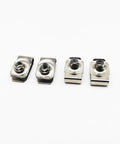 Four heavy duty stainless steel clip on U nuts for automotive body work and metal job sites in a line.