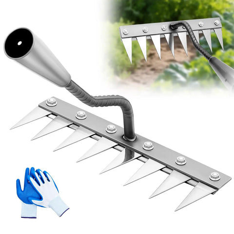 Beast 8 Teeth Garden Weeding Rake Heavy Duty Carbon Steel Weed Puller Tool With Gloves, steel head and blades, close-up view