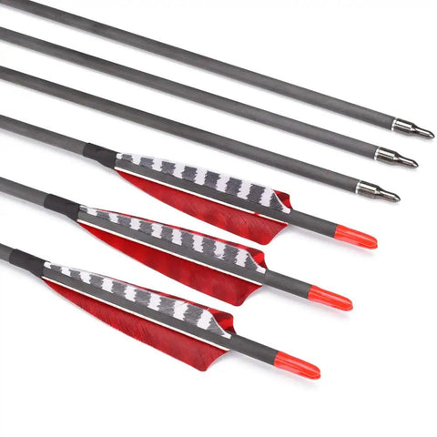 Pure Carbon Arrows 600 Spine 30 Inch Shaft With 31.5 Inch Overall Length Beefed Up Turkey Feather Fletching Screw In 100 Grain Field Points