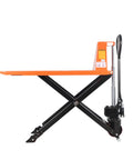 Side view of Heavy Duty Manual Scissor Pallet Jack Hand Truck Lift 2200lbs Capacity with orange forks and hydraulic lift