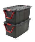 Two Pack 160 Quart Black Stackable Rolling Storage Bins with Heavy Duty Red Latches and Smooth Glide Wheels for Garage Organization.