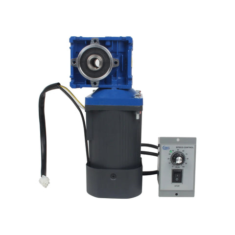 CNCTOPBAOS 120W worm gear motor with RV30 reducer and speed controller; blue gearbox atop black motor
